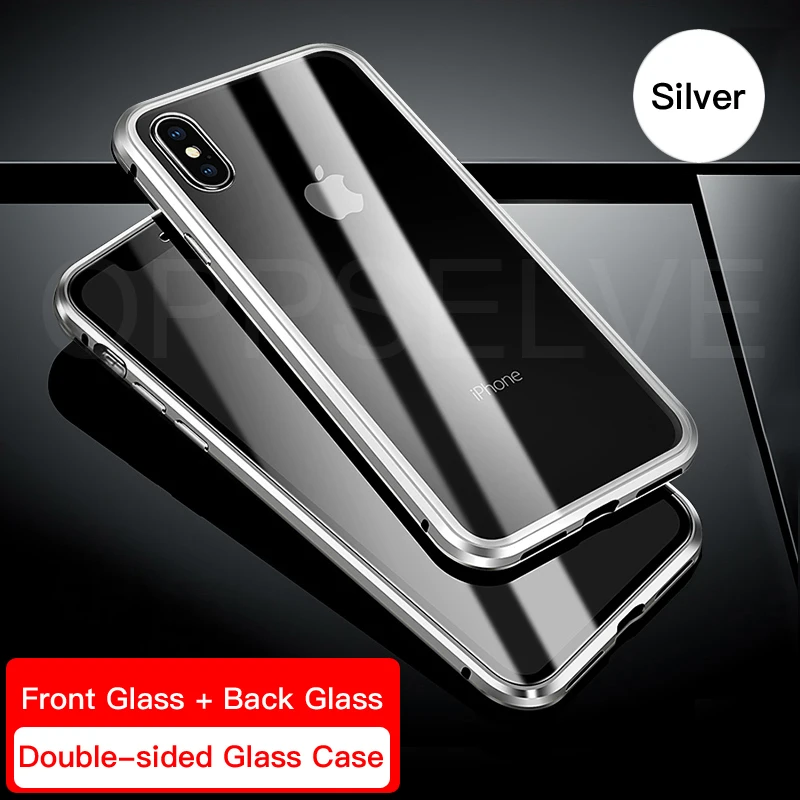 Двухсторонний Магнитный чехол для телефона для iPhone XR XS MAX X 10 чехол из закаленного стекла для iPhone 8 7 6 6S Plus металлический магнитный чехол - Цвет: Transparent Silver