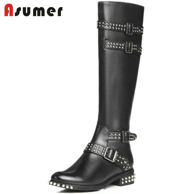 

ASUMER 2022 HOT fashion rivet buckle genuine leather+PU boots zip thick heel knee high boots for women round toe winter boots