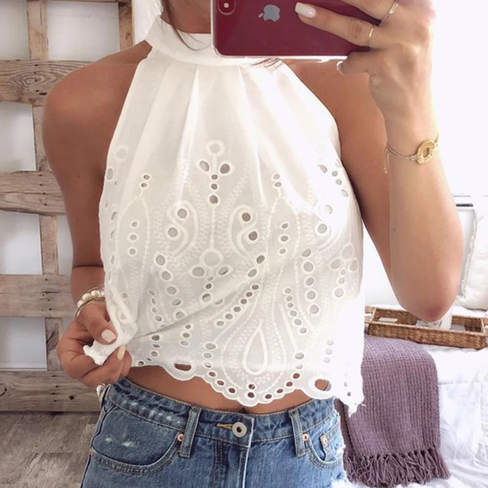 Белый PickYourLook женский кружевной Топик с вырезами, топ без рукавов, Повседневная модная женская летняя Новинка - Цвет: Белый