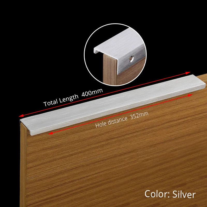Silver Length 400mm KAK 5 шт./лот, черные скрытые ручки для шкафа, цинковый сплав, кухонный шкаф, ручки для выдвижных ящиков, мебельная дверная ручка для спальни, фурнитура - Цвет: Silver Length 400mm