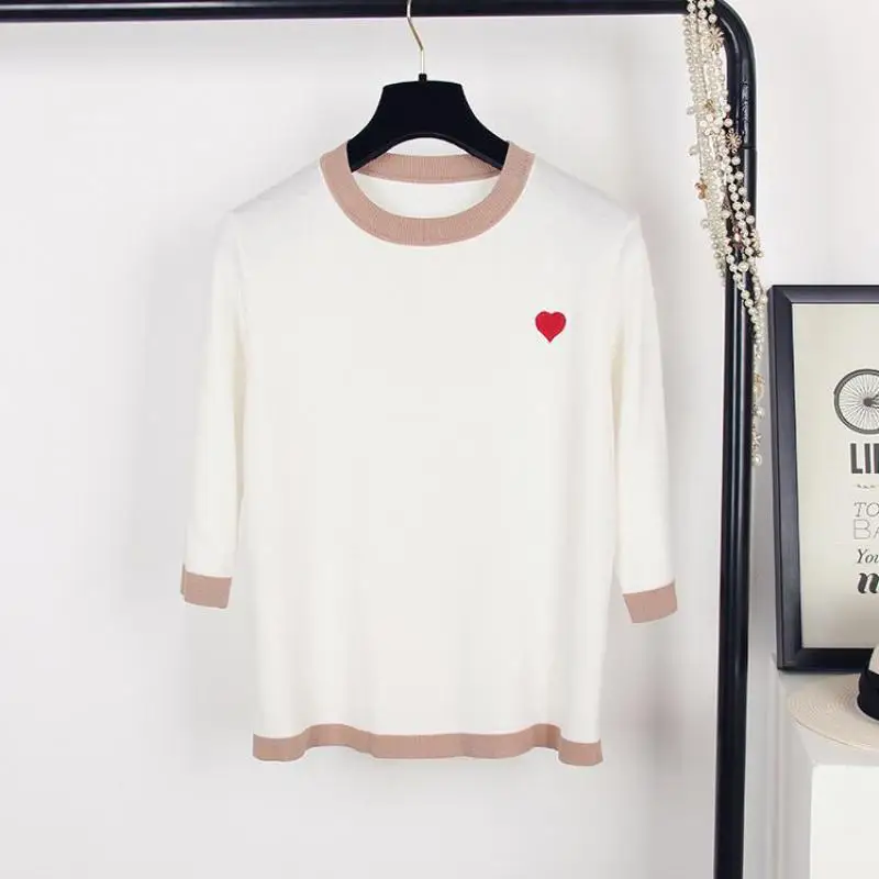 2019 Summer Women Knitted Tees Ice Silk Knitting Shirts O-neck Short Sleeve Tops Heart Embroidered Sweaters Female Pullovers | Женская