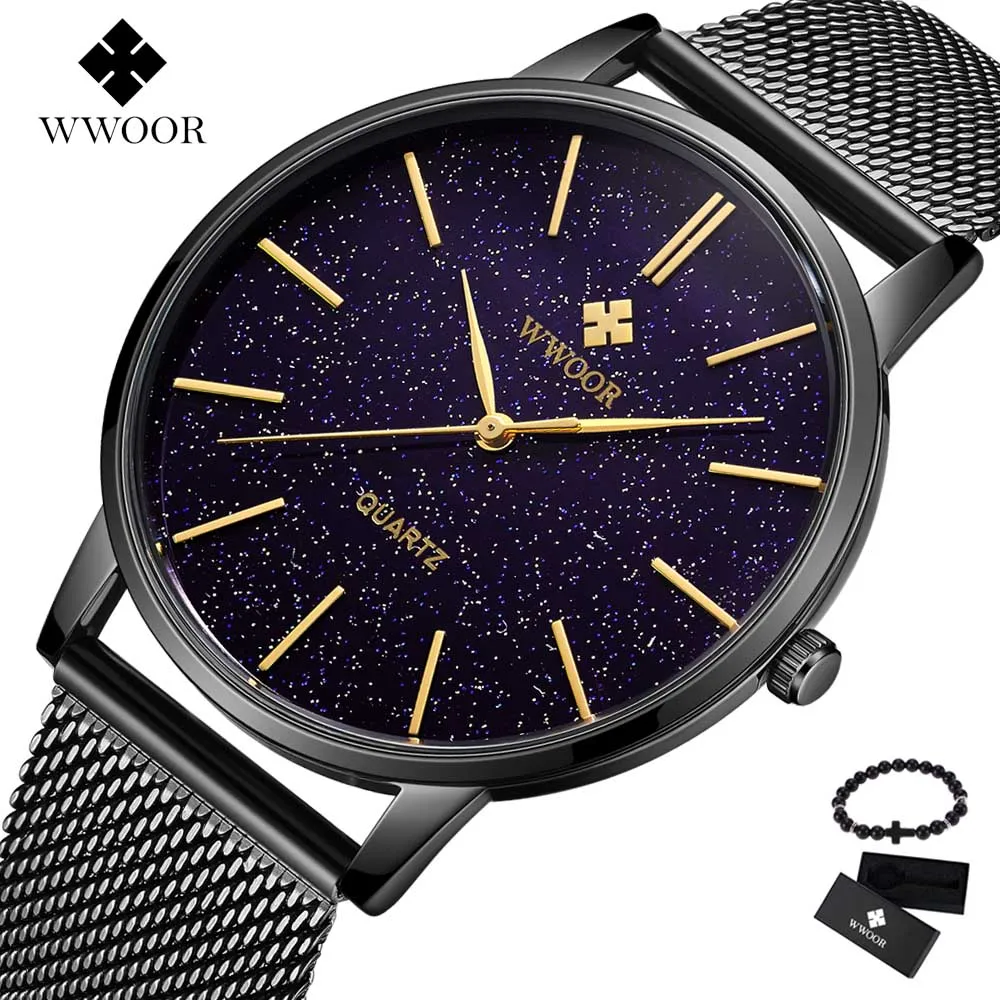 Mesh Black Новейший WWOOR Топ бренд мужские простые тонкие кварцевые часы черные стальные сетчатые ультра тонкие мужские часы Роскошные водонепроницаемые мужские наручные часы - Цвет: Mesh Black
