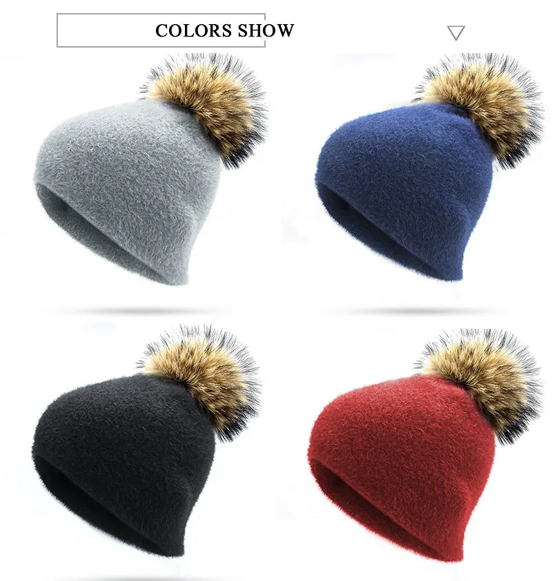 Девушка Для женщин зима теплая Skullies шапочки Кролика трикотажные шапочки с натуральным мехом Pom Hat Кепки мягкие однотонные енота меховым помпоном Bone