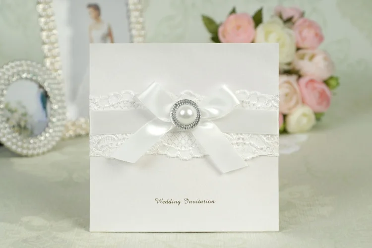 Свадебные приглашения белого цвета с кружевом Перл лента 30 компл./лот | Дом и сад
