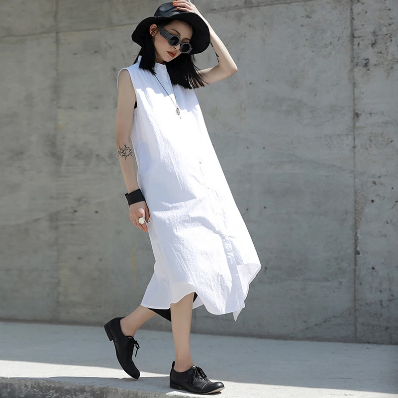 Новинка 2019 женское однотонное белое платье без рукавов длина до середины икры