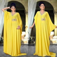 arabic abaya yellow evening dress with sleeves dubai middle east v neck crystal plus size islamic muslim formal dresses evening