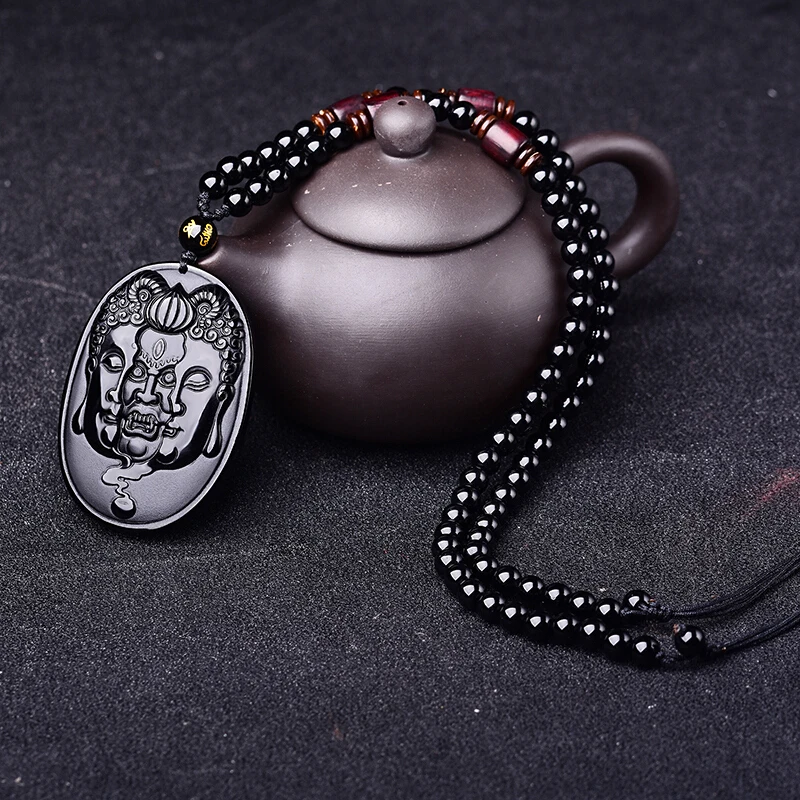 57x40mm Beautiful Natural Black Obsidian Carved Buddhism Amulet Lucky Pendant + Beads Necklace Fashion Crystal Jewelry |