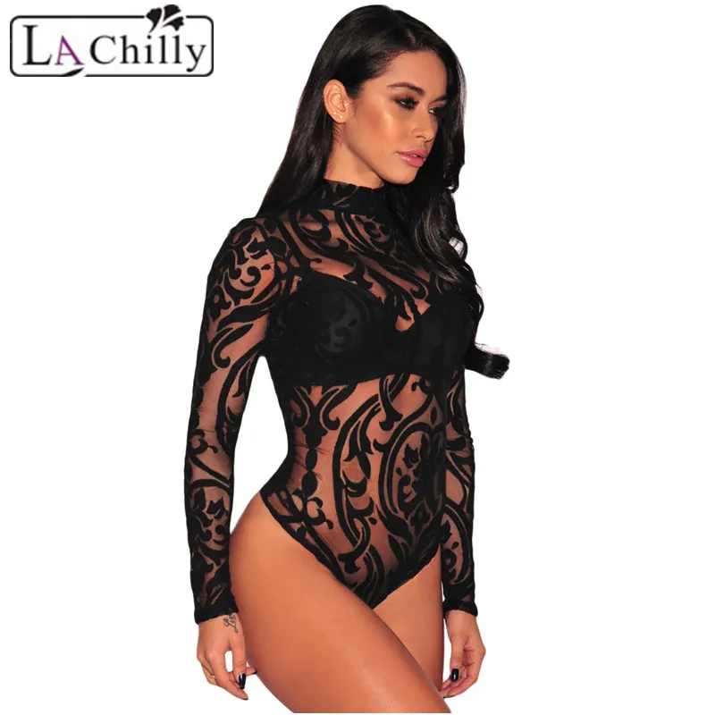 La Chilly Body Femme Sexy Turtleneck Transparent Bodysuit Black Sheer Mesh Print Women Long Sleeve Mono Mujer LC32110 | Женская одежда