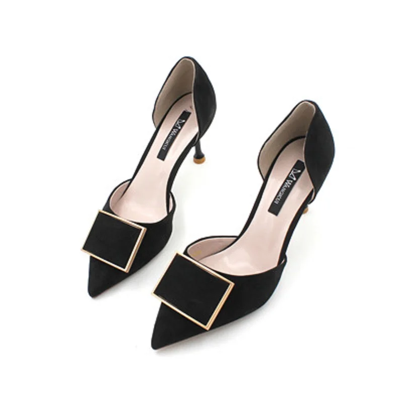 Новинка лета 2019 тонкие замшевые туфли с острым носком и металлической пряжкой в