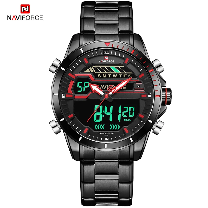 Топ Элитный бренд NAVIFORCE Для мужчин спортивные часы Для мужчин кварцевые цифровой светодиодный часы Мужской полный Сталь военный Водонепроницаемый наручные часы - Цвет: BlackRed