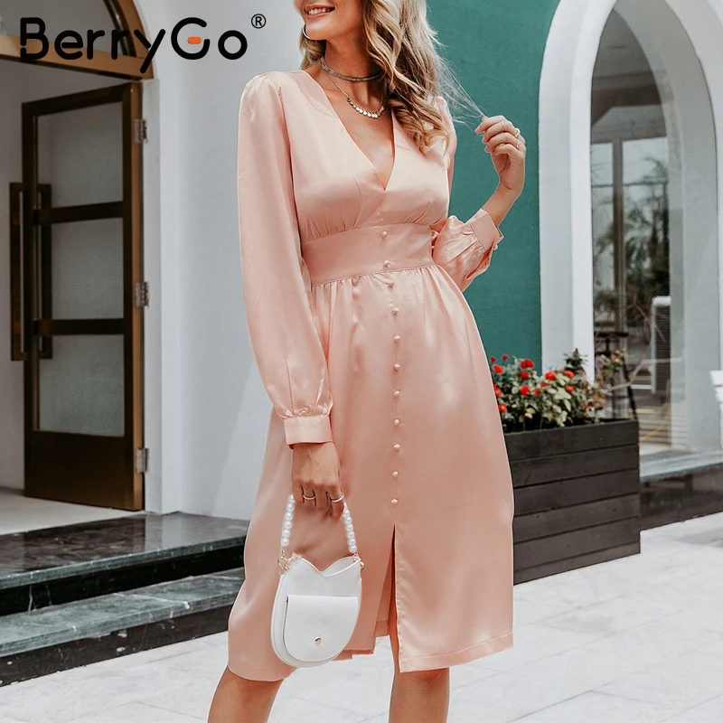 BerryGo сексуальное атласное женское винтажное платье миди с глубоким v образным