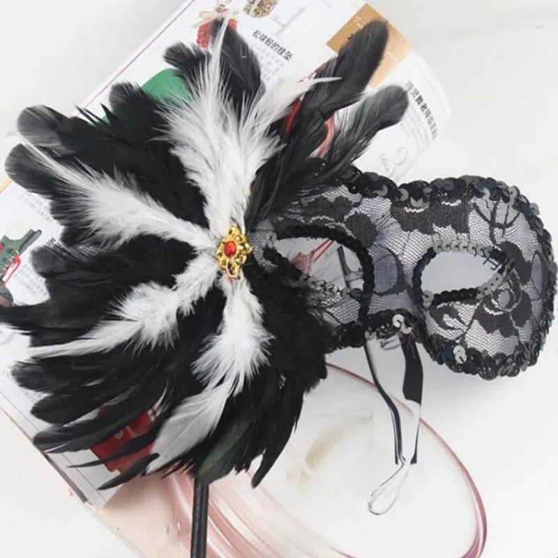 Sexy Black Feather Lace Handheld Mask Women Girls Venetian Princess Masquerade Masks On A Stick Dance Party Halloween|mask woman|mask maskmask on a