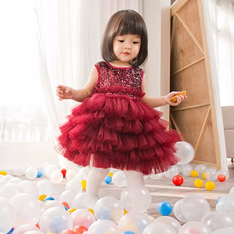 

Многослойное платье для маленьких девочек, костюм для крестин без рукавов с блестками, платье принцессы для свадебной вечеринки, одежда для...