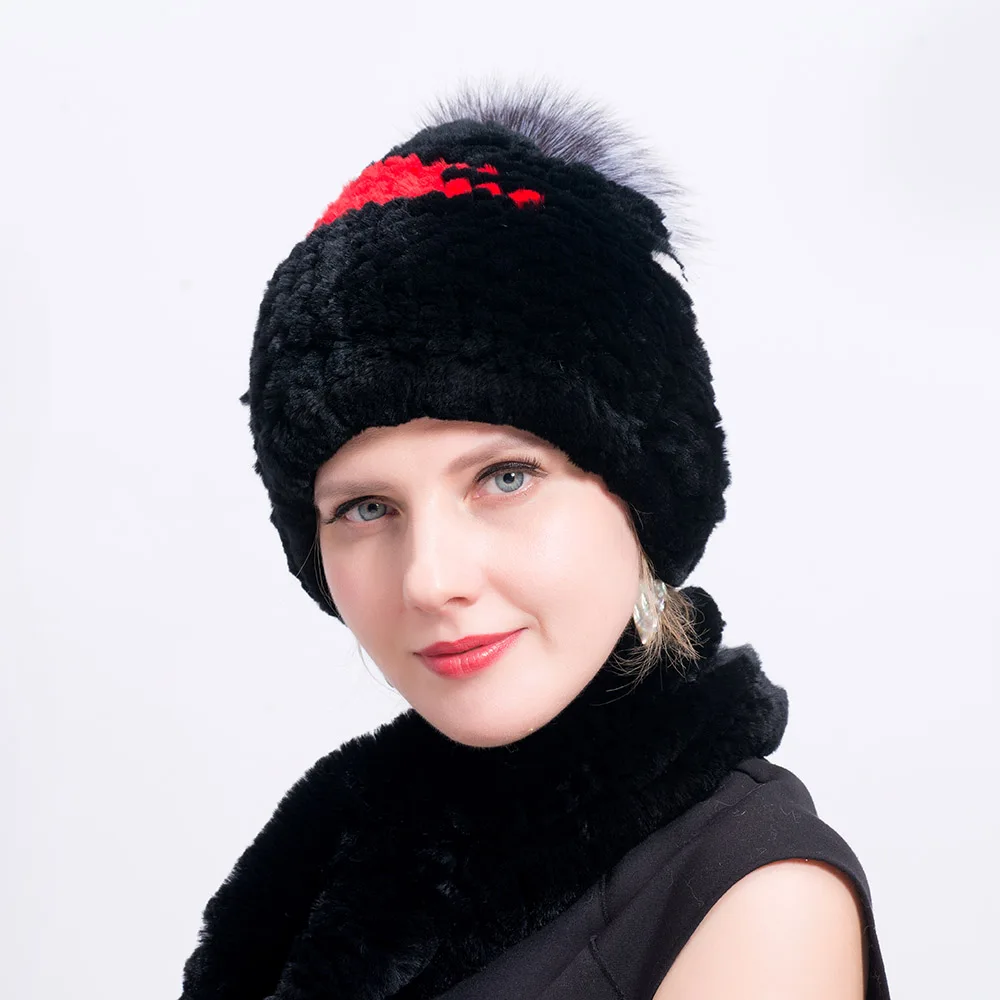 hat Color 1 Ms. MinShu утолщенная шапка из натурального меха ручной вязки шапка из кроличьего меха с помпонами эластичная меховая шапка для Женская Зимняя кепка грелка для головы - Цвет: hat Color 1