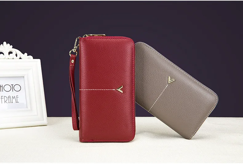 Women clutch bag leather wallet female long zipper clutch bag top layer cowhide portable large capacity paper clip new