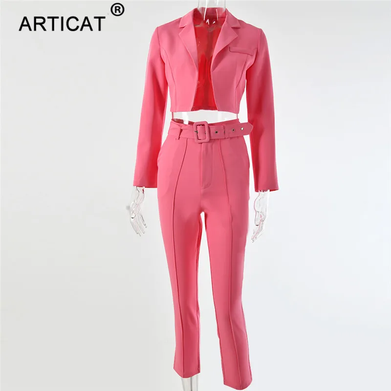 Rose Red Articat комплект из двух предметов женские костюмы с длинным рукавом Блейзер и брюки костюм для женщин тонкий осенний элегантный OL пиджак костюмы женские наряды - Color: Rose Red