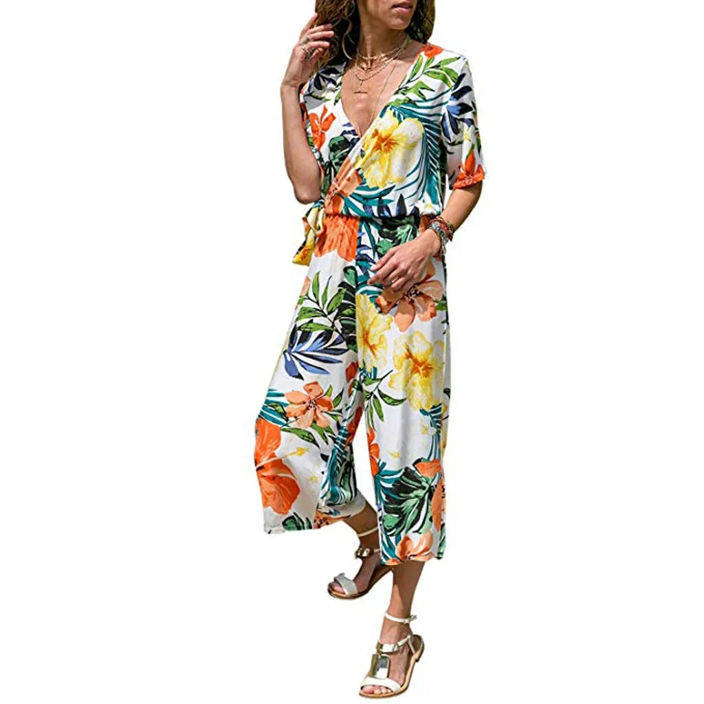 Женская одежда укороченный комбинезон с v-образным вырезом и цветочным принтом