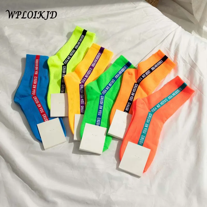 

WPLOIKJD Women's Socks Japanese Cotton Harajuku Fluorescent Colorful Candy Color Cartoon Cute Funny Happy Ladies Socks Skarpetki