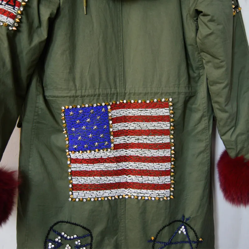 Заказная парка из меха красного вина с отделкой бисером США воротник лисьего