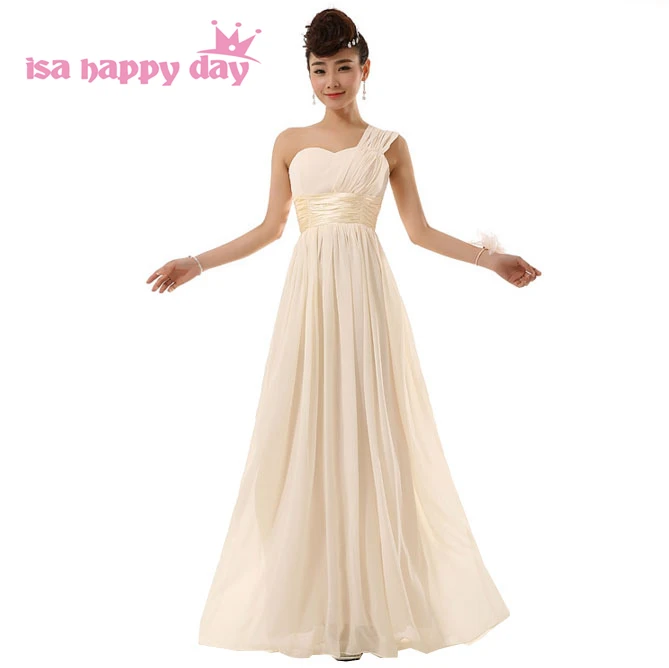 Женское шифоновое платье длинное цвета шампанского на одно плечо для выпускного