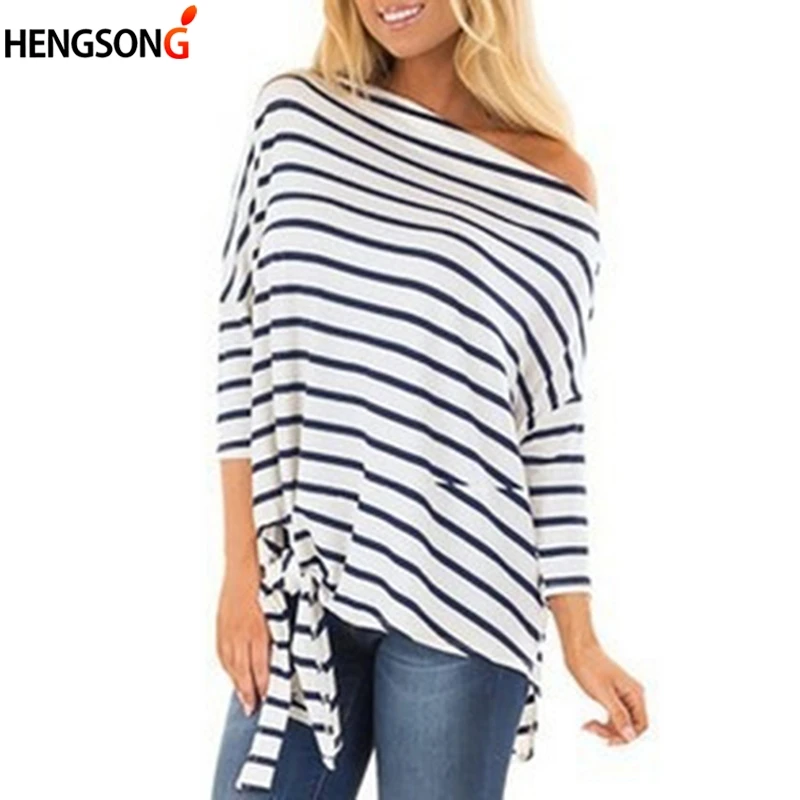 Полосатая Повседневная футболка с вырезом лодочкой осенняя одним плечом новинка