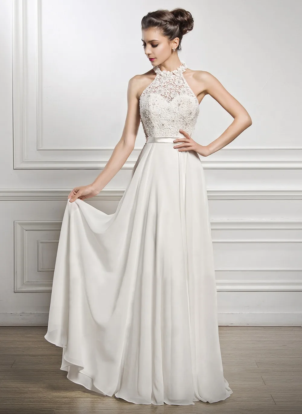 Женское свадебное платье в стиле бохо Ensotek шифоновое кружевное с лямкой на шее и