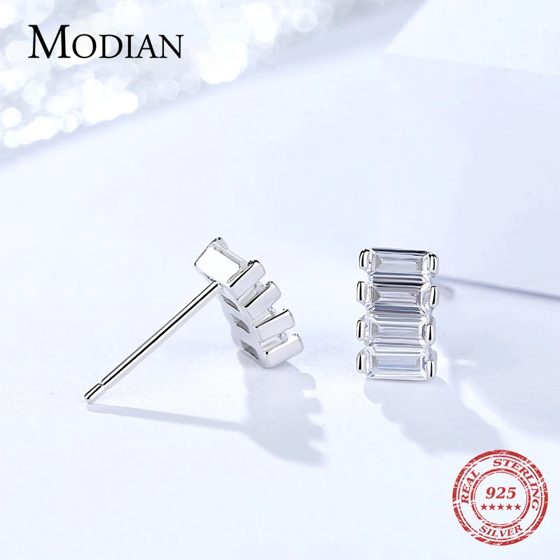 Modian, настоящее 925 пробы, серебряные, прозрачные, прямоугольные, ААА кубический цирконий, очаровательные серьги-гвоздики, модные, роскошные серьги для женщин, ювелирное изделие