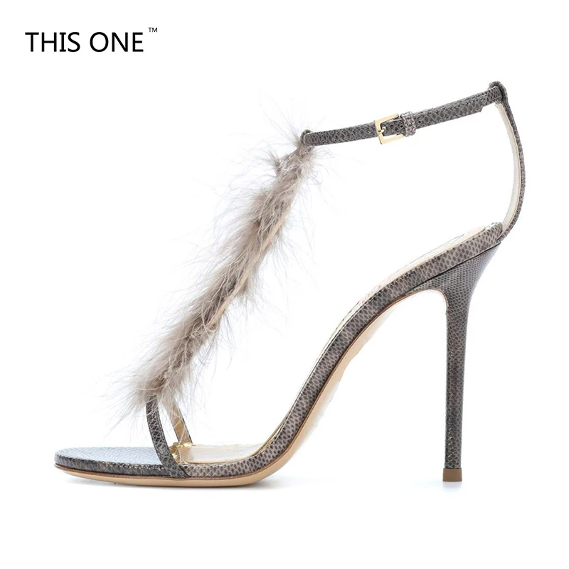 Desiger 2018 summer new high heels 11cm serpentine fur feather buckle strap fashion concise party sandals big size 40-43 | Обувь
