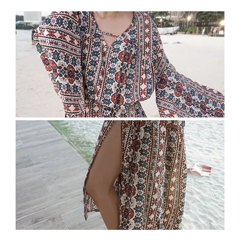 Hanyiren Side Split Loose Vintage Print Summer Dress Bohemian Beach Dresses V Neck Chiffon Women Sexy Long Maxi | Женская одежда