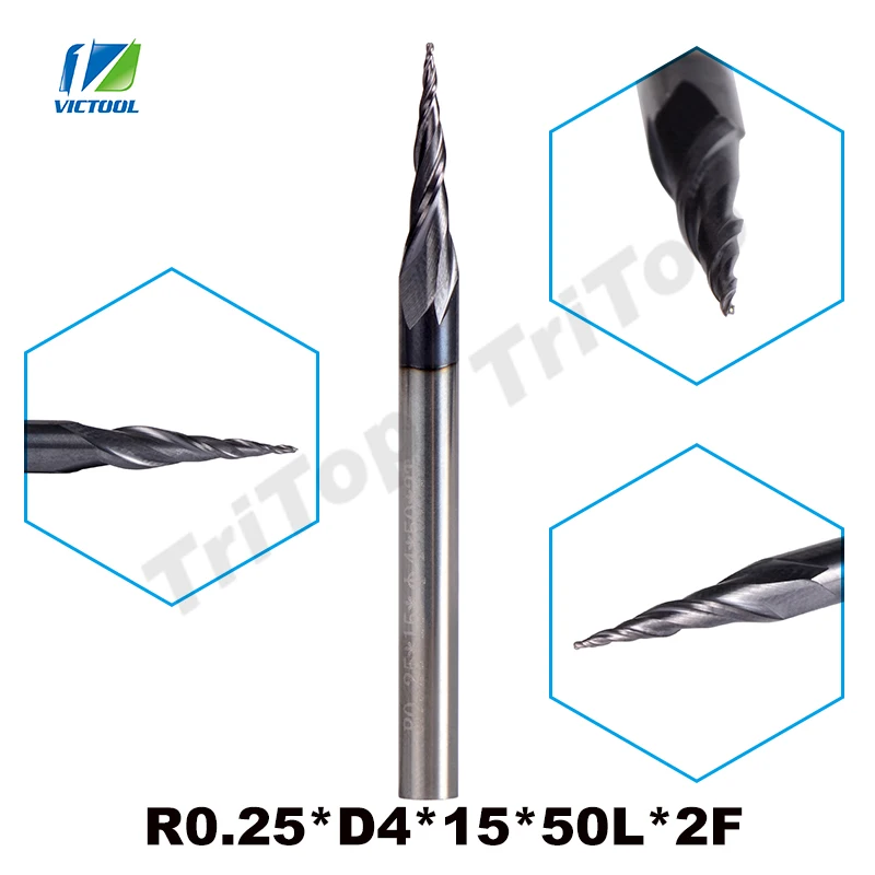 5 шт./лот R0.25* D4* 15* 50L* 2F HRC55 Вольфрам с твердосплавным покрытием конический конус Фрезы с ЧПУ