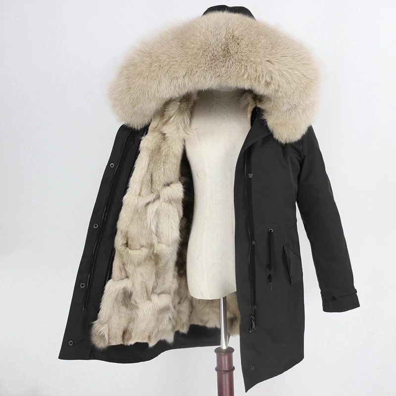 black beige Женское пальто со съемным мехом OFTBUY, бежевая непромокаемая длинная парка с натуральным лисьим мехом, верхняя одежда, зима - Цвет: black beige