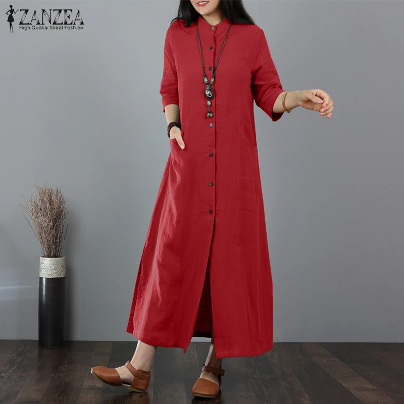 ZANZEA, женское длинное макси платье, воротник-стойка, длинная рубашка, платья с длинным рукавом, хлопок, лен, Vestido, кафтан, на пуговицах, халат размера плюс