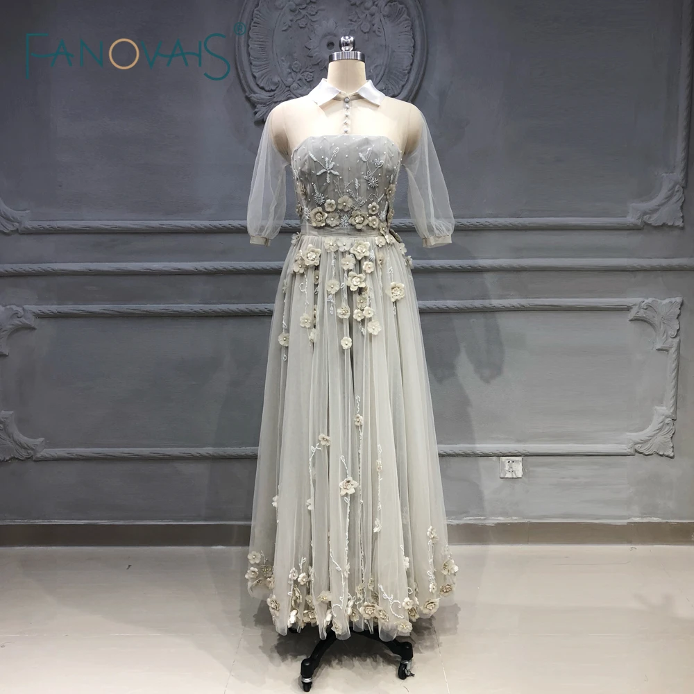 

Luxury Evening Dresses 3/4 Sleeve Delicate 3D Flower Beaded Formal Party Gown Ankle Length Vestido De Fiesta 2018 NE21