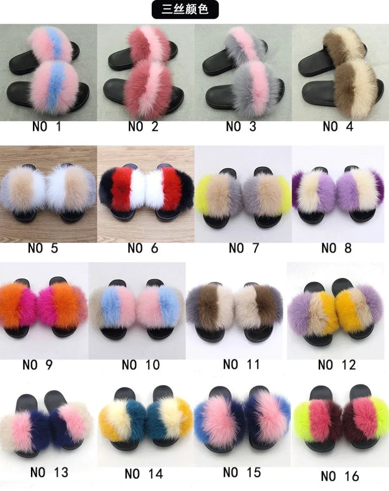 Fluffy Slippers Real Fox Fur Slides Indoor Flip Flops Casual High Recommend Raccoon Fur Sandals Vogue Plush Shoes