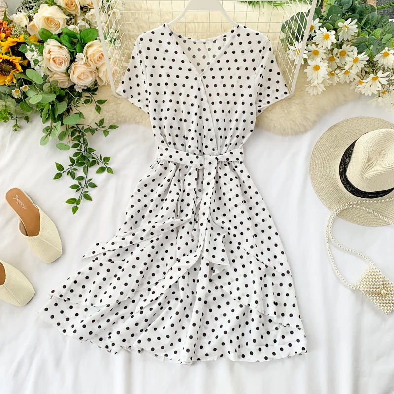 Vintage Polka Dot Print V Neck Ruffles Short Bandage Dress Chiffon Summer Party Women Casual High Waist Beach Dresses