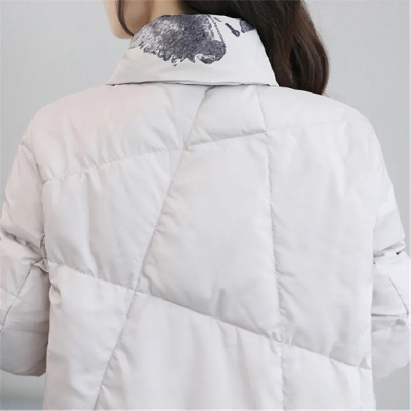 Зимняя женская куртка пуховик 2018 Новая мода дамское ретро пальто с принтом