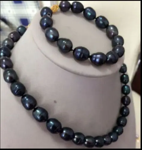 

New 9-10MM Black Freshwater Pearl Necklace Bracelet Set