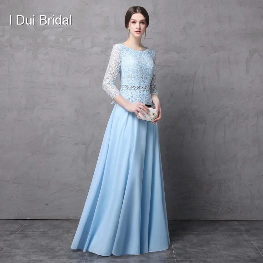 

Three Quarter Long Sleeve Mother of the Bride Dresses A line Lace Chiffon Floor Length Wedding Mother Dress
