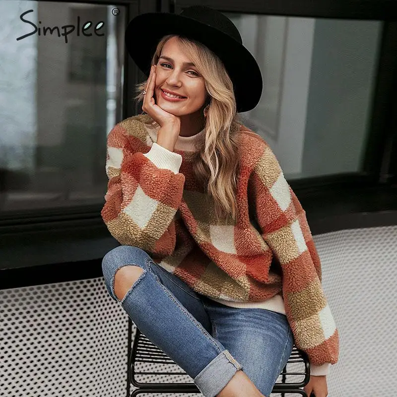 Simplee Casual lambswool plaid women hoodies sweatshirts O neck pullover loose female sweatshirt Autumn winter ladies warm coat