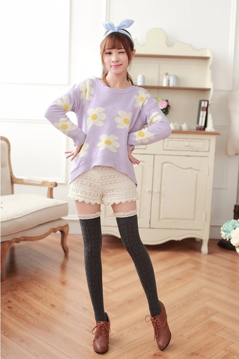 Теплые женские хлопковые носки, сексуальные кружевные чулки, Зимние гольфы, чулки для девочек, гольфы, женские длинные носки