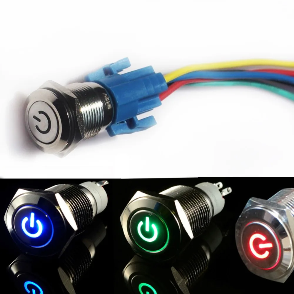 

2 pcs 16mm 12V Car Metal Push Button Switch Blue / Red / Green LED Self locking 1NO 1NC Metal Auto Toggle Switches + Socket Plug