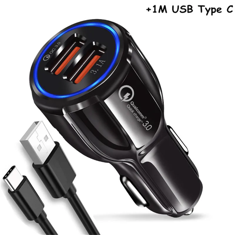 Type C Black 3.1A USB Автомобильное зарядное устройство Быстрая зарядка QC 3,0 2 порта двойной USB кабель для быстрой зарядки для samsung Galaxy A10 M10 A30 A40 A50 A60 A70 M30 - Тип штекера: Type C Black