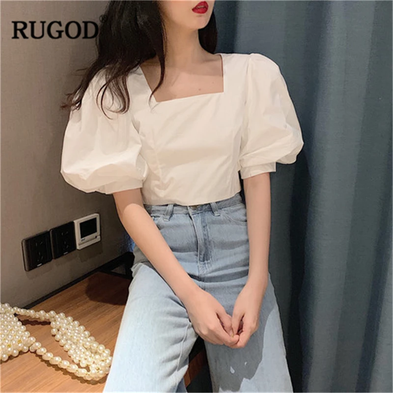 RUGOD Новое поступление Женская однотонная короткая рубашка с квадратным воротником с короткими пышными рукавами Блузка винтажная Повседневная стильная женская блуза