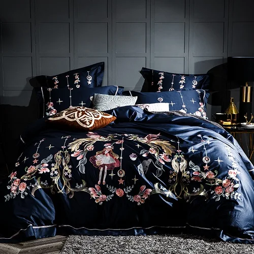 Bedding set 4 1000TC Комплект постельного белья из египетского хлопка синего и фиолетового цвета, роскошный комплект постельного белья, пододеяльник с вышивкой - Цвет: Bedding set 4