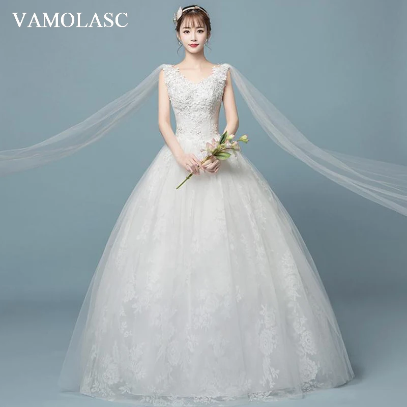 

VAMOLASC Sequined V Neck Lace Appliques Ball Gown Wedding Dresses Elegant Tank Tulle Backless Bridal Gowns