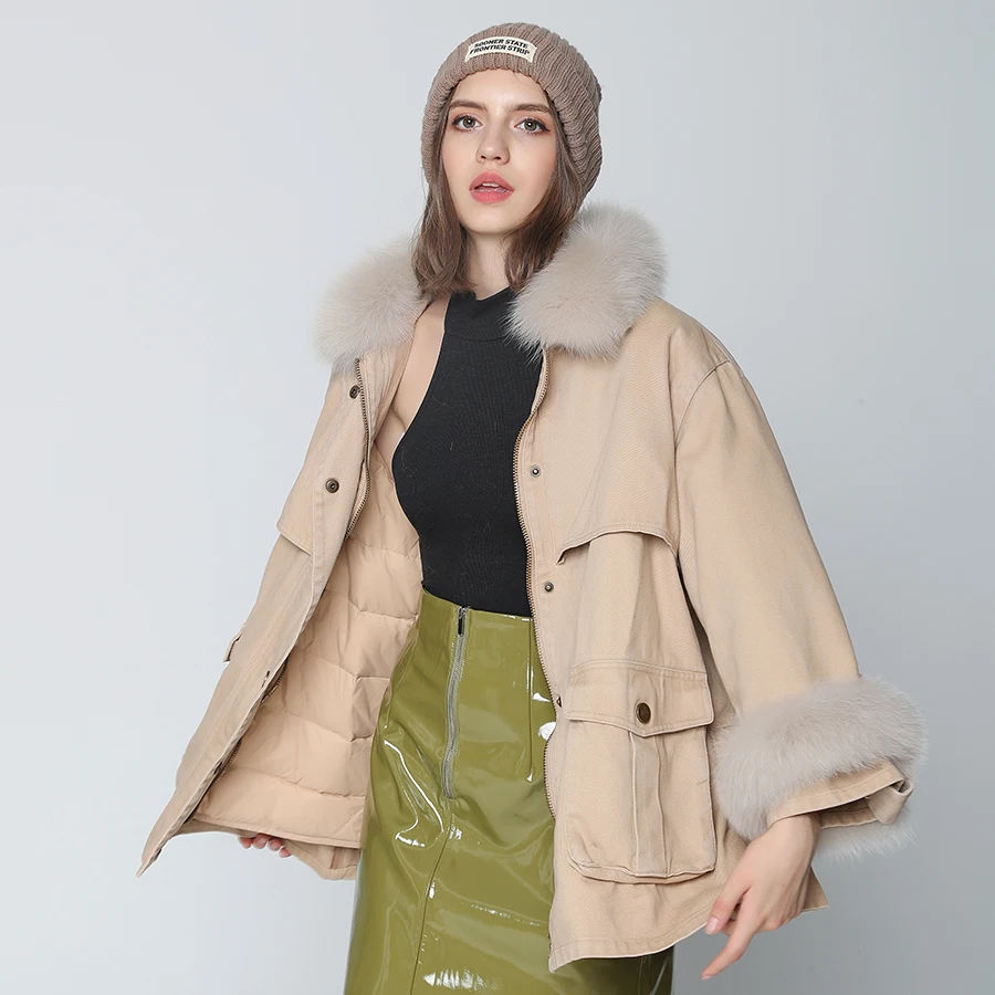 OFTBUY зимняя женская куртка, длинное пальто цвета хаки, Воротник из натурального Лисьего меха с 90% белым утиным пухом, теплая парка, Брендовая верхняя одежда