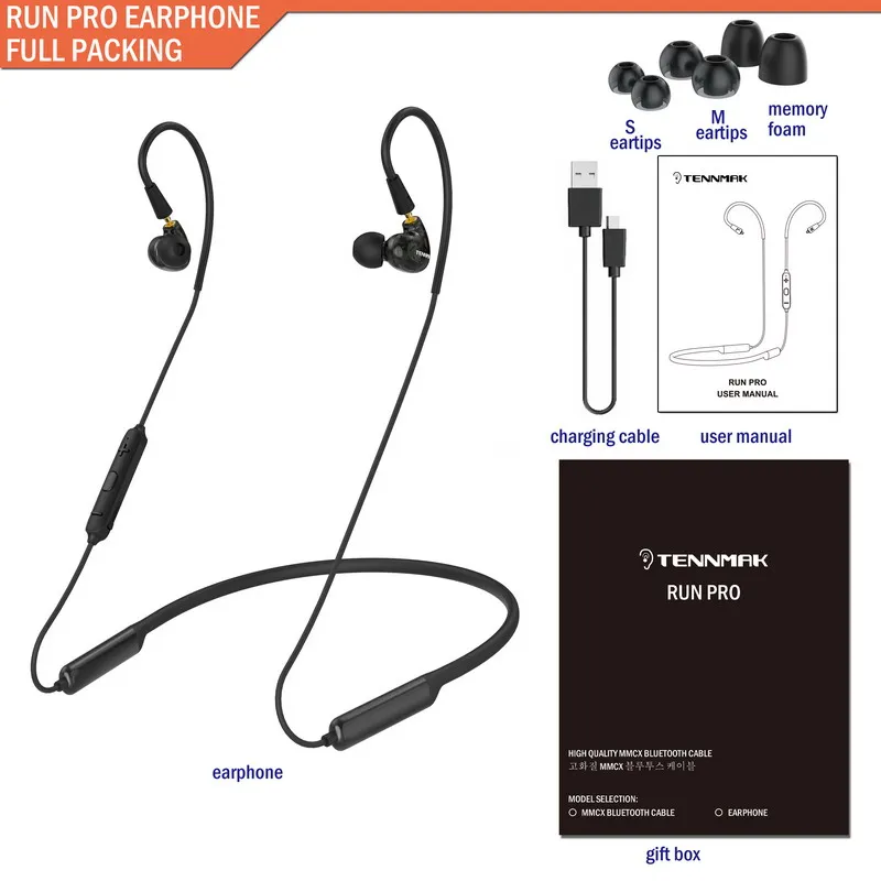 RUN PRO earphone TENNMAK RUN PRO MMCX Neckband Bluetooth Earphone Earbuds with APTX aptx APT-X& CVC6.0 for UE900 SE215 SE315 SE846 SE535 SE425 - Цвет: RUN PRO earphone