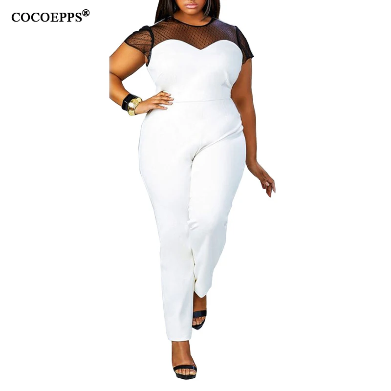 White 4XL летние обтягивающие сексуальные комбинезоны женские элегантные обтягивающие вечерние Клубные комбинезоны размера плюс сетчатый комбинезон Женская одежда - Цвет: White