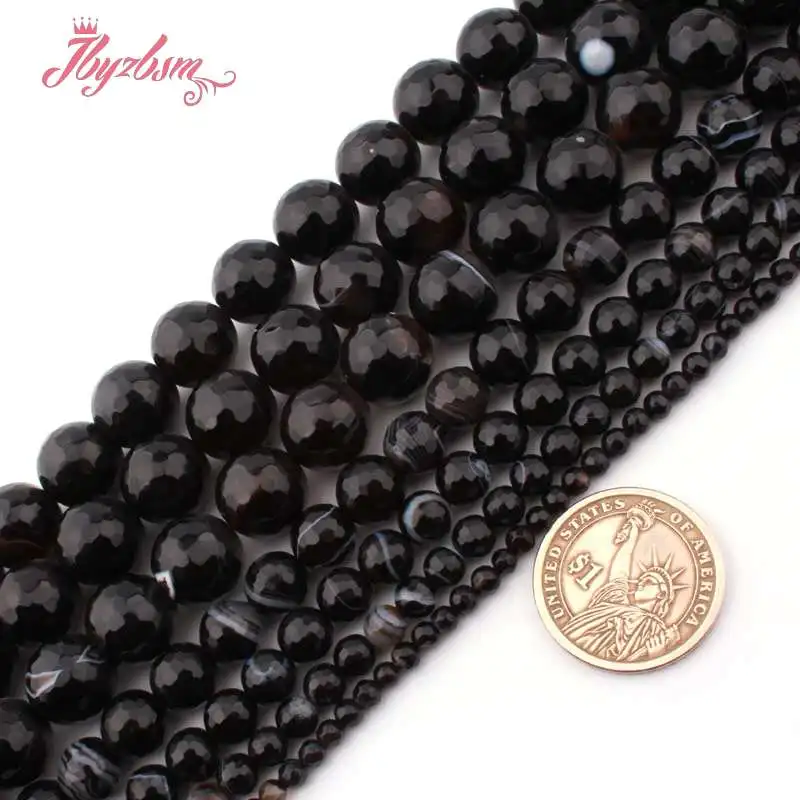 

4,6,8,10mm Round Ball Black Faceted Stripe Agates Natural Stone Beads For DIY Necklace Bracelat Jewelry Making 15" Free Shipping