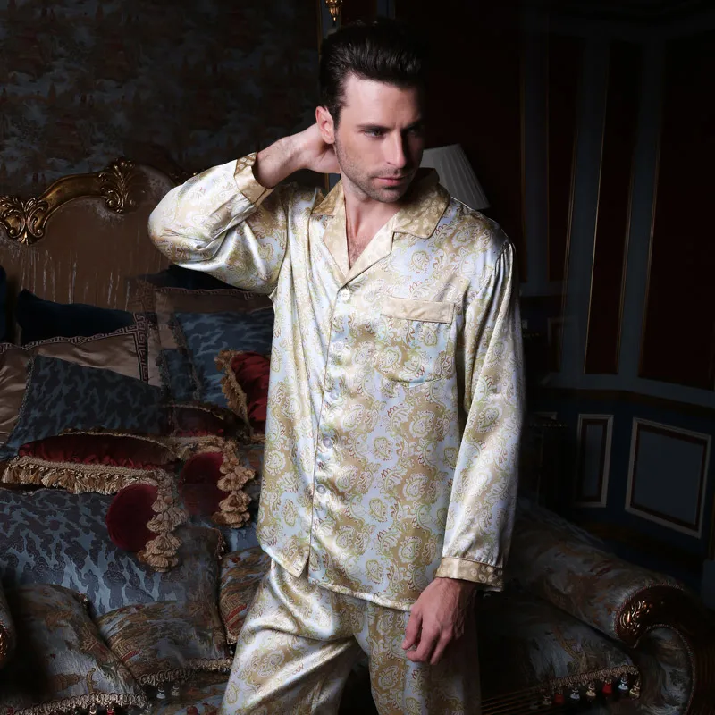 Бренд мужские шелковые пижамы набор высокое качество мужской 100% шелк с длинным